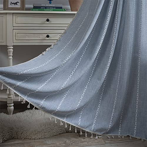 HIRHOEH Gardinen Boho Unifarben Gestreift Durchscheinende mit Quasten Vorhänge, Baumwolle Leinen Bestickete Landhausstil Vorhang für Küche Wohnzimmer,1 Stück (Blau,132x160cm (BxH))