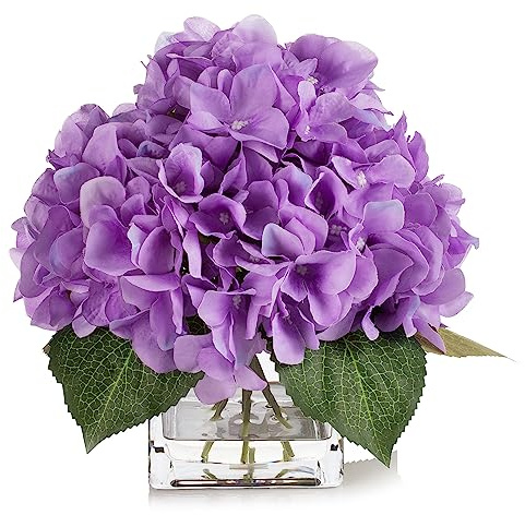 ENOVA FLORAL Silk Hortensie Künstliche Blumen in Vase mit Faux Water, Seide Blumenarrangements in Vase für Wohnkultur, Hochzeitstisch (Lila)
