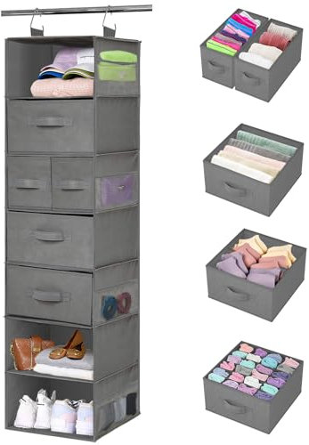VERONLY Hängeregal mit 7 Fächern Hängeorganizer Kleiderschrank Organizer Hängeaufbewahrung Stoff mit 5 Schubladen und 8 Netztaschen Faltbare Ordnungssystem für Schlafzimme Wohnwagen Camping (Grau)