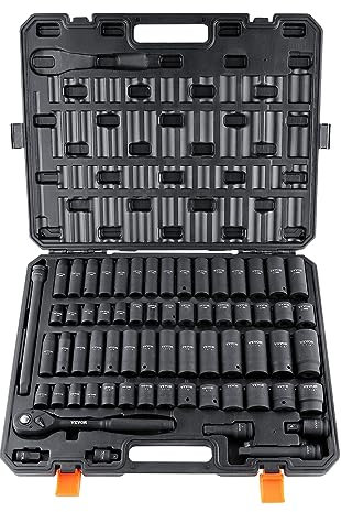 VEVOR 1/2 Drive Impact Socket Set, 65 Piece Socket Set SAE 3/8 to 1-1/4 and Metric 10-24mm, 6 Point Cr-V Alloy Steel for Auto Repair, Easy-to-Read Size Markings, Rugged Construction, Storage Case