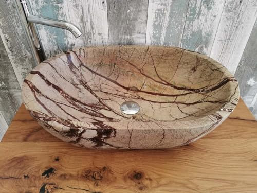 Aufsatzwaschbecken aus Marmor Rain Forest 2, Größe 60 x 40 x 15 cm, echtes Foto des Waschbeckens, ovales Waschbecken aus Marmor Rainforest, ovales Waschbecken