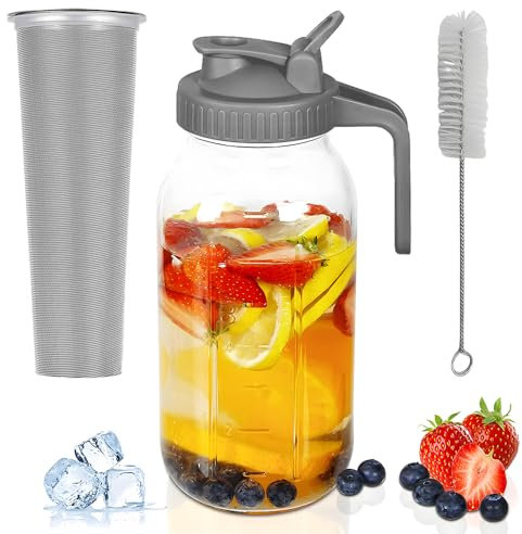 Fesjoy Einmachglas-Krug aus Glas mit Deckel, 1 Quart (32 o-z / 1 l), auslaufsicherer Wasserkrug mit breiter Öffnung und Filterdeckel, Kaltbrühkrug für Wasser, Saft, Milch, Tee, Eiskaffee und Getränke