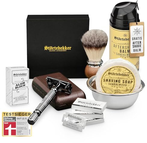 Störtebekker® Premium Shaving Essential Set - Rasierhobel inkl. Lederetui (Café) & 10 Klingen, Rasierpinsel, Rasierseife Sandelholz, Rasierschale, After Shave Balm & Alaunstein - Rasierset Herren