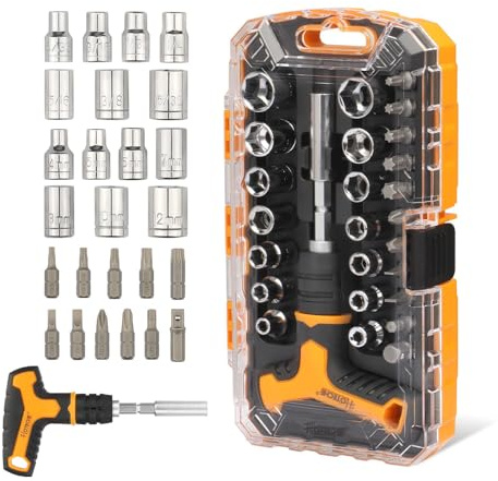 Hoteche 26-teiliges T-Griff Schraubendreher und Steckschlüssel-Set | T-Griff Schnellwechselgriff, CR-V Material, Chrombeschichtung, magnetische Köpfe, Schraubendreher-Set - Schraubenzieher-Set