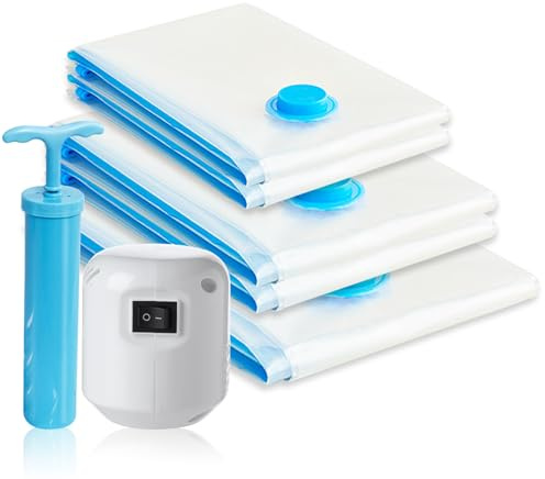 Geoyien Sac sous vide vetement aspirateur, 5 Pièces Sac de rangement sous vide, Sac rangement sous vide aspirateur, avec pompe à vide électrique et manuelle, pour vêtements, couettes (3 Tailles)