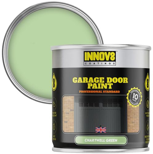INNOV8 COATINGS GARAGE DOOR PAINT - 750 ml - DIY - NO PRIMER OR TOP COAT - SATIN - FAST DRY - EXTERIOR DOOR PAINT - Metal & uPVC - Chartwell GREEN - Garage and Industrial Roller Shutters Paint