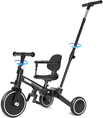 KORIMEFA 6 IN 1 Kinder Drerad Laufrad ab 1 Jahr mit höhenverstellbarer Schubstange, Sicherheitsgurt, faltbares Kinderdreirad Lauflernrad Lauffahrrad Lauflernhilfe für Kinder 1-4 Jahre (Schwarz)