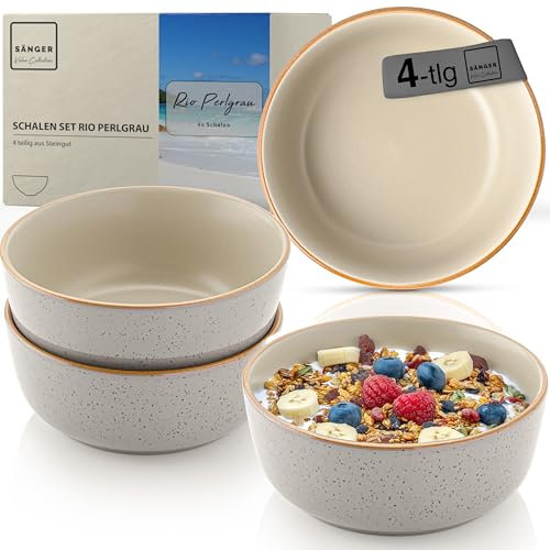 Sänger Rio Perlgrau | Steingut Schüssel Set 4 teilig, Müslischalen für 4 Personen, Schalen multifunktional, kratz- mikrowellen- spülmaschinenfest, Tiefe Teller grau 600 ml | VALUE COLLECTION