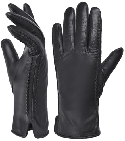 Harssidanzar Femmes Hiver Doublure chaude en cuir d'agneau Gants de conduite à écran tactile Texte chaud HL001EU,Noir,Taille S