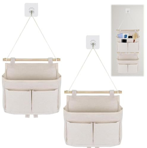 HAYGEM 2 Pièces Rangement Suspendu en Coton Lin, Sac de Rangement Mural avec Plusieurs Poches, Sac de Rangement Suspendu Beige pour Montage Mural, la Salle de Bain, la Chambre à Coucher