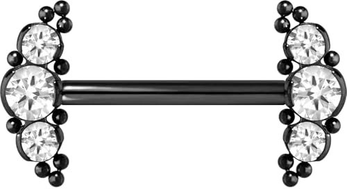 PIERCINGLINE Titan Barbell mit Push Fit 3 KRISTALLE + KUGELN Brustwarzenpiercing Nippelpiercing Schwarz 1,6 x 14 mm