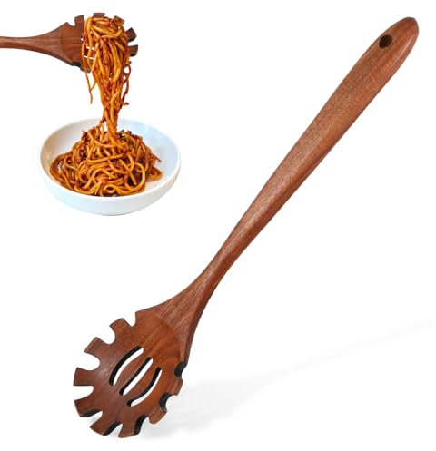 Spaghettilöffel Holz 33 cm Nudelkelle Hohe Qualität Nudellöffel Spaghetti Löffel mit Zähnen Nudelsieb Nudelzange Spaghettizange Spaghetti Portionierer mit Aufhängeloch, Hängbar