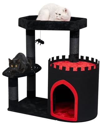 YARUOMY Gothic kratzbaum, Schwarzer Katzenturm mit Sarg Katzenbett, geräumige Katzenhaus für Halloween Katze, Kratzbäume, Spinne hängenden Ball, Goth Katzenmöbel(mittel)
