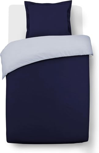 Vision Parure de Lit Réversible 100% Coton Lit Simple - Bleu-Marine Gris | 1 Housse de Couette (135x200 cm) + 1 Taie d'oreiller (80x80 cm) | 57 Fils/cm² | Doux et Confortable | Certifié Oeko-Tex
