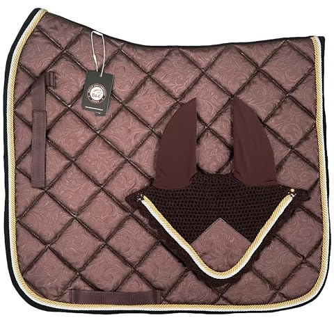 Sottosella Equitazione Traspirante, Lacci di Posizionamento con Chiusura a Strappo, Bordatura Elegante in Cordina Inglese, Completo di Cuffia Coordinata (MARRONE, COB DRESSAGE)