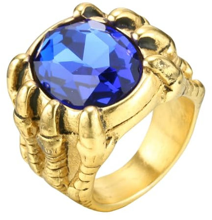 HIJONES Herren Edelstahl Großer Edelstein Drachenklaue Gothic Chunky Siegelring Punk Fingerschmuck Gold-Blauer Stein Größe 68 (21.6)