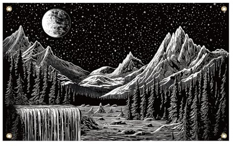WEBEEDY Schwarz Weißes Wandteppich Kunstwerk Natur Landschaft Hintergrund Berg Und Mond Sternenhimmel Wandteppich Schwarz Ästhetik Hintergrund Für Fotografie 180x110cm