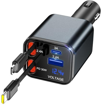 GaoBao Einziehbares Kfz-Ladegerät, 4-in-1-Kfz-Ladeadapter mit einziehbaren Kabeln und Spannungsanzeige mit USB/USB-C-Anschlüssen, Kfz-Ladegerät kompatibel mit iPhone/Android/Samsung Galaxy/Google/iPad