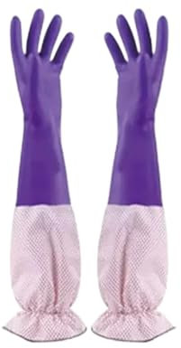 XUWEWI Cleaning Gloves 3pcs Washing Gloves Dishwashing Cleaning Rubber Household Long Thickening Women Gloves Sleeve Floral Glove Waterproof Kit Washing Gloves(PURPLE)