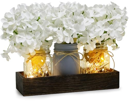 Nagobi Mason Jar Lights Centerpiece Table Decor for Dining Room Farmhouse Coffee Table Decor with Wood Tray Fairy Lights Fake Hydrangea Flowers for Kitchen Living Dining Room - White