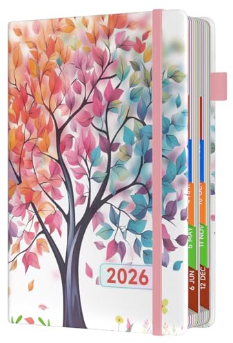 Terminkalender 2026, A5, Seite pro Tag, von Januar bis Dezember, Ganzjahres-Terminbuch, Tagesplaner, Monatsübersicht, mit bunten Registern und feiner Innentasche