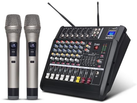 Mesa Mezclas DJ, Mezclador amplificador DJ profesional de 6 canales con micrófono inalámbrico for escenario de fiesta familiar