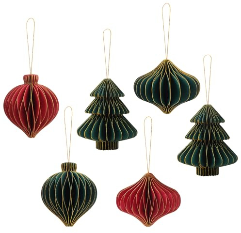 ZXShow 6 adornos navideños de panal de papel 3D, papel decorativo plegable para árbol de Navidad, papel decorativo con borde brillante, juego de bolas de papel reutilizables para Nochevieja
