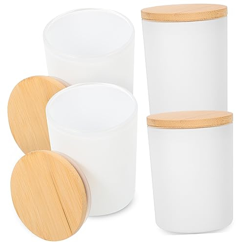 LOLIPPYY Lot de 4 Sets de Pots à Bougies en Verre Givré Blanc 70 avec Couvercles en Bambou, Contenants Vides DIY pour Fabrication de Bougies Parfumées, Décorations Maison, Présent