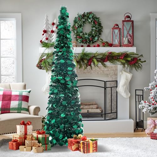 Pop Up Weihnachtsbaum 150cm, Faltbarer Weihnachtsbaum Dunkelgrün, Tannenbaum Künstlich Bleistift Weihnachtsbaum, Lametta Christbaum mit Pailletten für Weihnachtsdekoration Partybedarf, Haus Dekoration