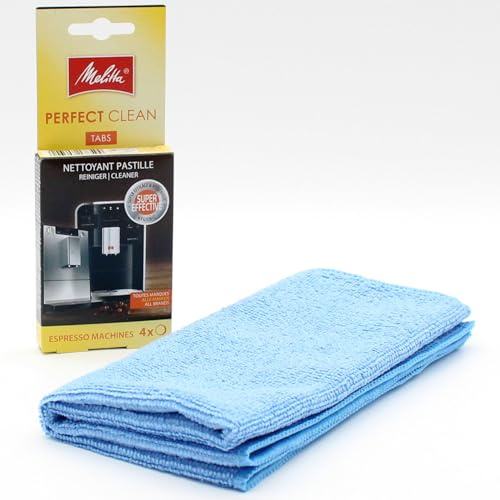 Tabletas de limpieza para Cafeteras Automáticas + paño de Microfibra compatible con Melitta Caffeo Solo 6553104, Caffeo Solo 6571856-4 Tabs x 1,8 g - Pastillas para máquinas de Café Expreso