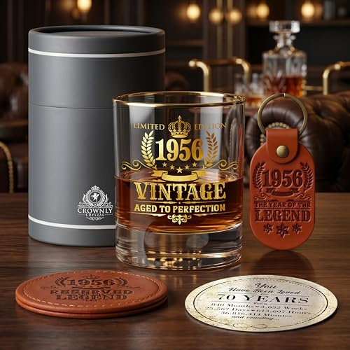 CROWNLY CRYSTAL Limited Edition 1956 Vintage Aged To Perfection Whiskyglas Presentset 70 Års Present Till Honom Presentbox Underlägg Nyckelring