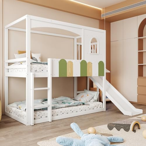 Lexiou Letto a castello, 90 x 200 cm, telaio a forma di casa con finestre, design irregolare e multicolore, con scivolo e scala di sicurezza, letto a soppalco, bianco