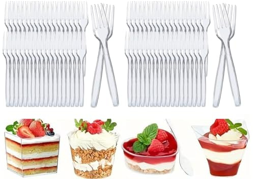 Cucharas de Plástico de Alta Resistencia,Cucharas 10.7cm de Transparente Reutilizable para Helado, Café, Postres. (100, Mini Tenedor)