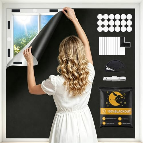 Dalimee Blackout Blind No Drill for Windows, Portable Blackout Roller Blind Stick On, Cut to Size, Complete Light Blockage and Easy Fit, Fit for Bedroom, Attic, Baby Room, Hotel, etc. 200x145CM