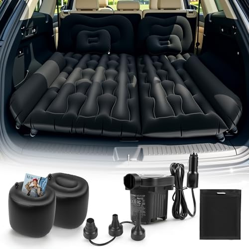 Matelas Gonflable Voiture, Matelas de Camping SUV pour Coffre et Banquette Arrière, Pompe 12V Incluse + 2 Oreillers ,2 Remplisseurs, Surface Flockée Douce Étanche, Convient Voiture RV MPV Fourgonnette
