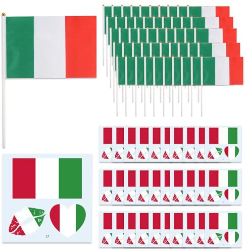 COACOM 50 Banderas Italianas De Manivela Y 30 Pegatinas con Tatuajes De Banderas Nacionales, Accesorios para Festivales Y Celebraciones, Adecuadas para Que Los Fanáticos Animen.