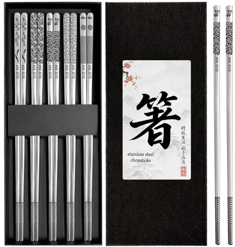 chuanhylis 5 Paires Baguettes en Acier Inoxydable, Baguette Chinoise Inox, Baguettes Réutilisables en Acier Inoxydable, Passe au Lave-Vaisselle pour Maison, Restaurant, Camping