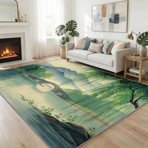 Tappeto moderno 160 x 230 cm, verde salvia, natura salice ponte in pietra montagne lago tappeto da soggiorno lavabile - pittura a inchiostro cinese moquette antiscivolo per sala da pranzo corridoio