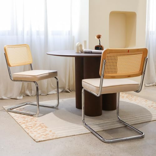 Bladez Sillas de Comedor de Estilo Mid-Century Cantilever, juego de 4, terciopelo y ratán, sillas de cocina tejidas, silla tapizada con estructura cromada, para comedor, sala de estar (beige)