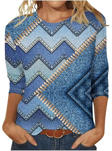 FlutVolt damblus vardaglig 3/4-ärm t-shirt elegant bomull tunika toppar lös rund hals sommarskjortor färgglad randig lång skjorta vintage sport lång blus kvinnors sommartröja, 170 marinblå, M