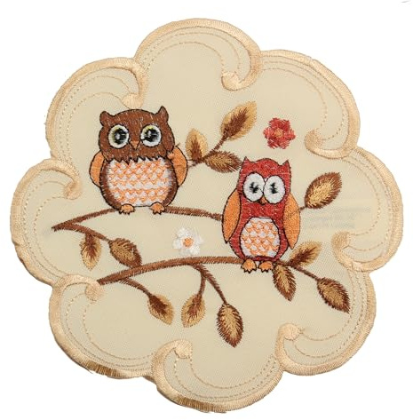 HanaQi Eulen Tischdeckchen Tischläufer Decke Kissenhülle Leinen-Optik Creme Beige Herbst Blatt Stickerei