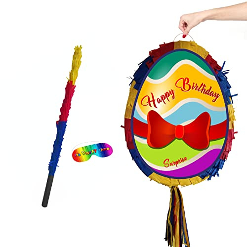 Boogie Woogie Pinatas Surprise Egg Theme Smash Piñata with Stick and Blindfold, Multicoloured Cardboard Egg Pinata for Easter and Birthday Parties