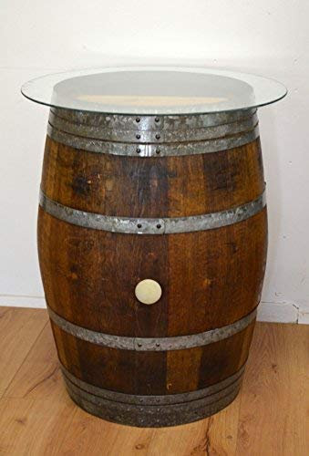 Temesso Dekofass, Stehtisch aus echtem Weinfass, Gartentisch mit Glas -Tischplatte D80cm - Fass in verschiedenen Variationen (Fass Natur geölt)