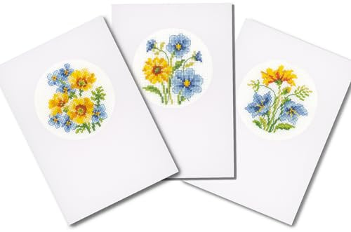 Vervaco Gezählter Kreuzstich Stickpackungen Grußkarten zum Selbstgestalten Blumen 3er DIY Postkarten Set Erwachsene Sticken Bastelset ca. 10,5 x 15 cm Stickset für Anfänger Kreatives Geschenk