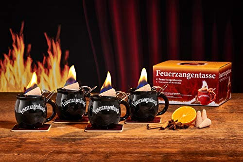 Feuerzangentasse 4er-Set, mit Rum (100ml) + ZimtZuckerHütchen (20er), Schwarz - für Feuerzangenbowle
