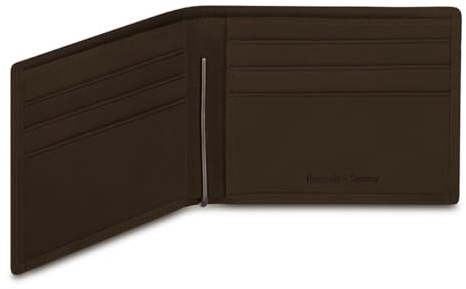 LUCA Geldbörse mit Geldklammer Made in Germany Nubukleder Tonda Dunkelbraun | Herren Portemonnaie Leder mit Edelstahl Geldscheinklammer, RFID-Schutz