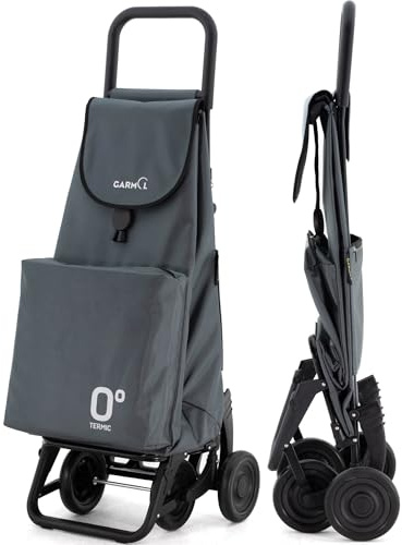 GARMOL Carro de la Compra Térmico Plegable 55 Litros |Bolsillo Térmico Interior de 11 Litros | Carro de la Compra 4 Ruedas Gran Capacidad | Carrito Compra Plegable Color Gris