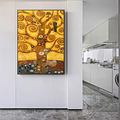 HSFFBHFBH Gustav Klimt Baum des Lebens Wandkunst Leinwanddrucke Lebensbaum Berühmte Malerei Replik Gustav Klimt Leinwand für Wohnzimmer 50x70cm Innenrahmen
