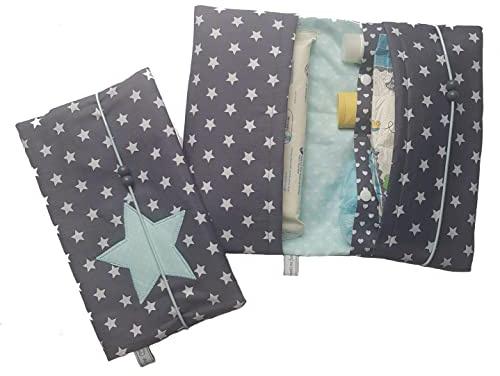 die-kreative-fee Handmade Windeltasche Stoff 4 Fächer Windelorganizer | mit Elastikkordel, geöffnet ca. 33x27 cm, ideal für unterwegs, Sternapplikation auf grauen Sternen