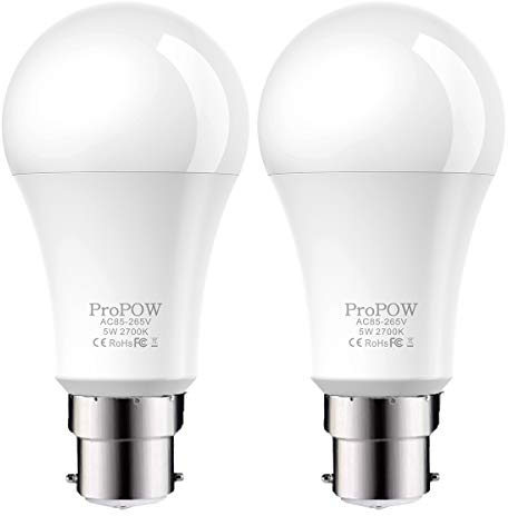 Dusk to Dawn Light Bulb,ProPOW 5W (40 Watt Equivalent) Sensor LED Bulbs A19 Automatic On/Off, Indoor/Outdoor Lighting Lamp for Porch Garage Driveway Yard Hallway Basement Patio(B22,Soft White,2-Pack)
